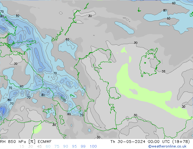 RH 850 гПа ECMWF чт 30.05.2024 00 UTC