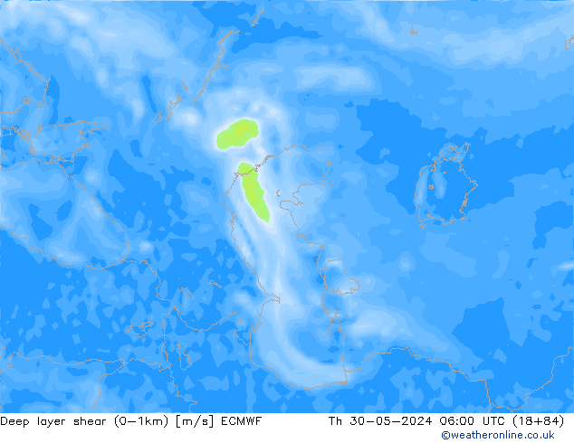 Deep layer shear (0-1km) ECMWF do 30.05.2024 06 UTC