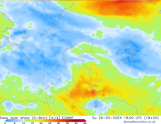 Deep layer shear (0-6km) ECMWF dim 26.05.2024 18 UTC