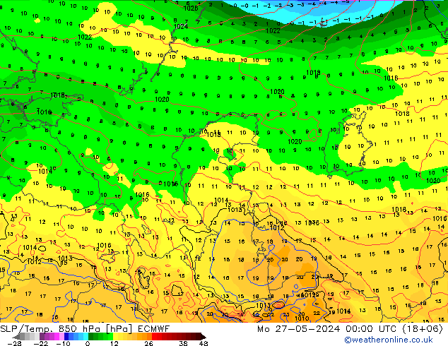 SLP/Temp. 850 гПа ECMWF пн 27.05.2024 00 UTC