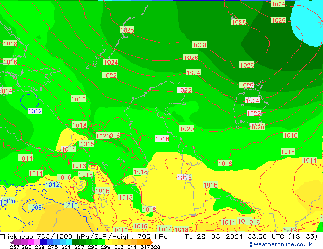 Thck 700-1000 hPa ECMWF mar 28.05.2024 03 UTC