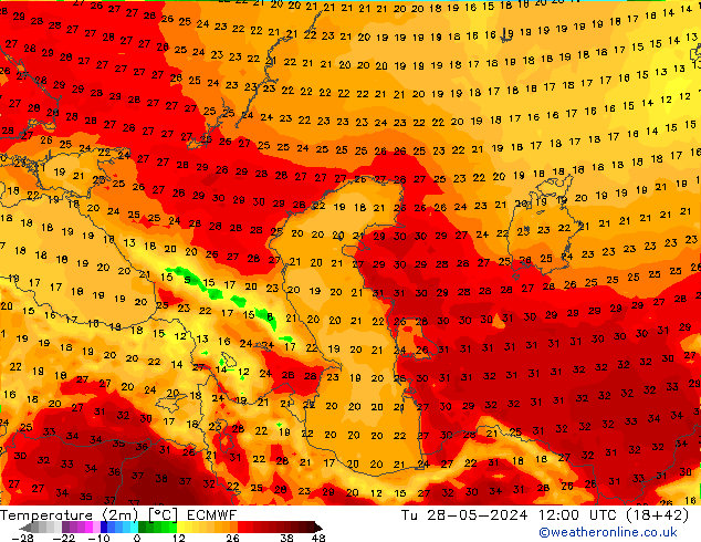 Temperature (2m) ECMWF Tu 28.05.2024 12 UTC