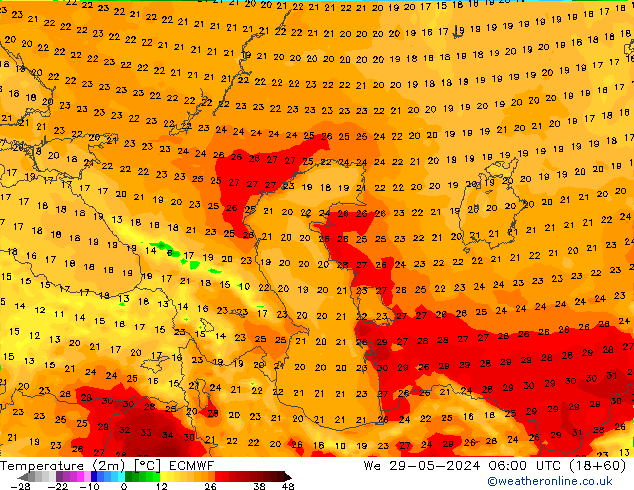 Temperatura (2m) ECMWF mer 29.05.2024 06 UTC