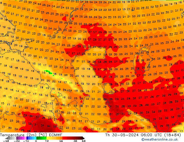 Temperatuurkaart (2m) ECMWF do 30.05.2024 06 UTC