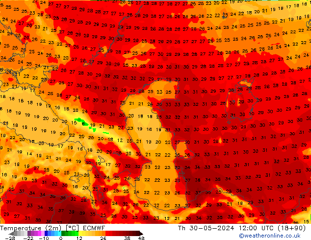 Temperatura (2m) ECMWF Qui 30.05.2024 12 UTC