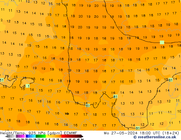 Geop./Temp. 925 hPa ECMWF lun 27.05.2024 18 UTC