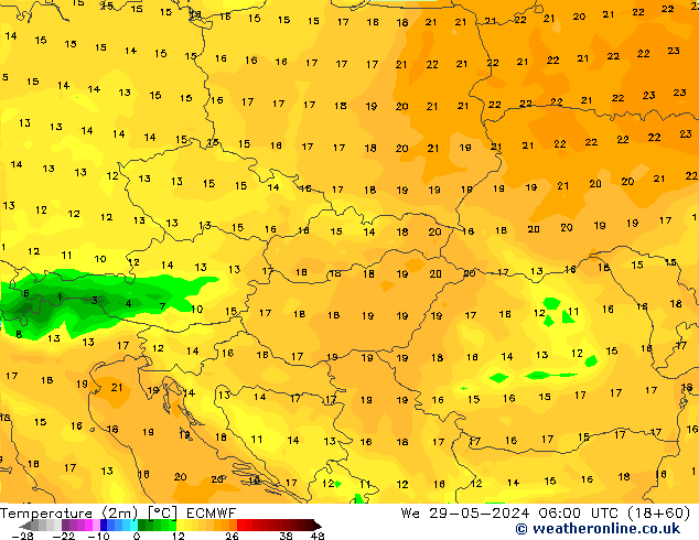 Temperatura (2m) ECMWF mer 29.05.2024 06 UTC