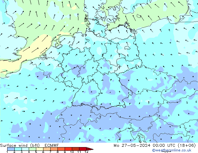 Bodenwind (bft) ECMWF Mo 27.05.2024 00 UTC