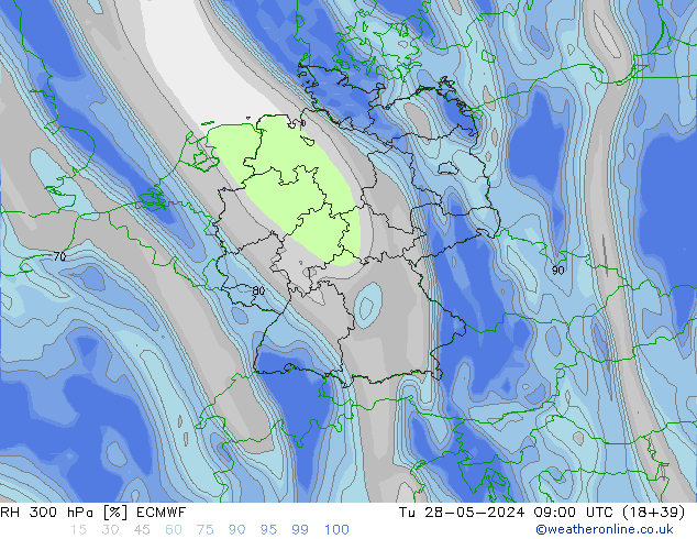 RH 300 hPa ECMWF Tu 28.05.2024 09 UTC