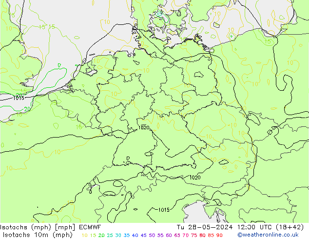 Izotacha (mph) ECMWF wto. 28.05.2024 12 UTC