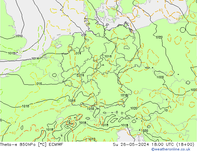 Theta-e 850hPa ECMWF nie. 26.05.2024 18 UTC