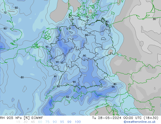 Humidité rel. 925 hPa ECMWF mar 28.05.2024 00 UTC