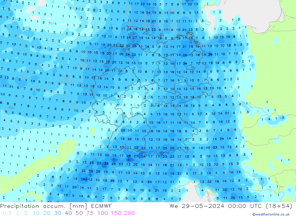 Precipitation accum. ECMWF  29.05.2024 00 UTC