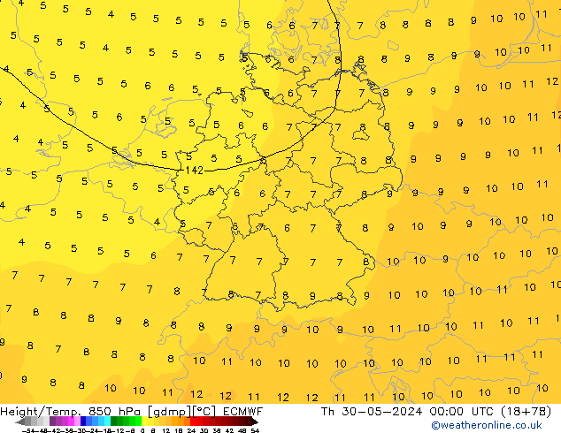 Geop./Temp. 850 hPa ECMWF jue 30.05.2024 00 UTC