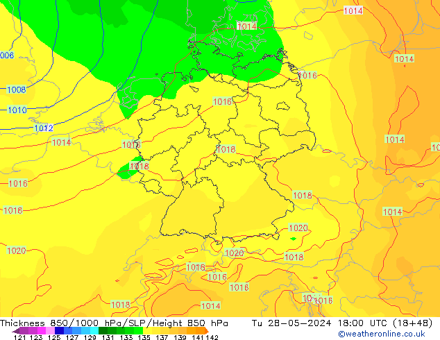 Thck 850-1000 hPa ECMWF Tu 28.05.2024 18 UTC