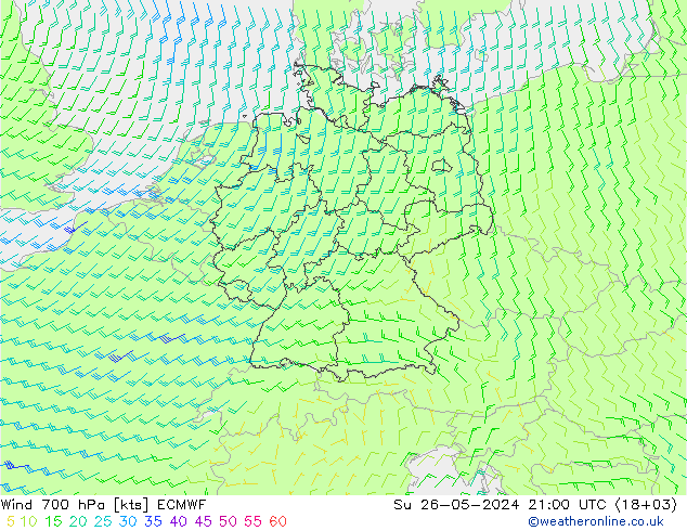 Wind 700 hPa ECMWF Su 26.05.2024 21 UTC