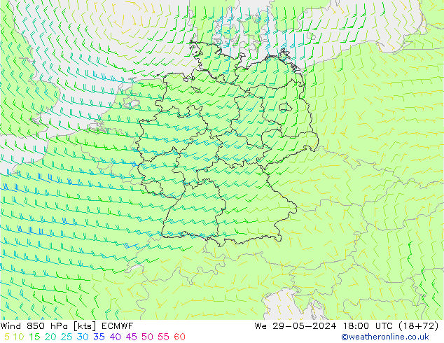 Vent 850 hPa ECMWF mer 29.05.2024 18 UTC