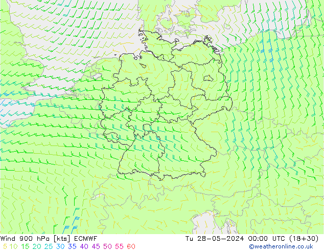 wiatr 900 hPa ECMWF wto. 28.05.2024 00 UTC