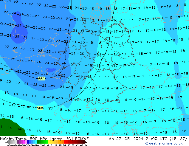 Height/Temp. 500 hPa ECMWF  27.05.2024 21 UTC