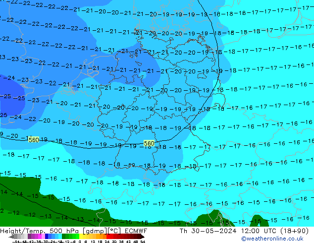 Height/Temp. 500 hPa ECMWF Do 30.05.2024 12 UTC