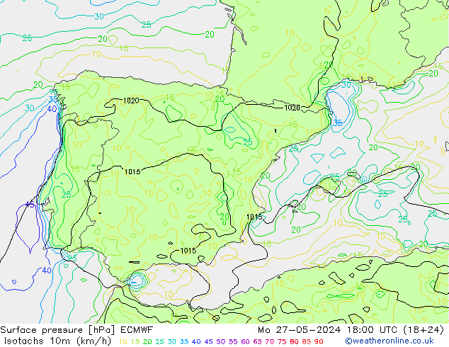 Isotachen (km/h) ECMWF ma 27.05.2024 18 UTC