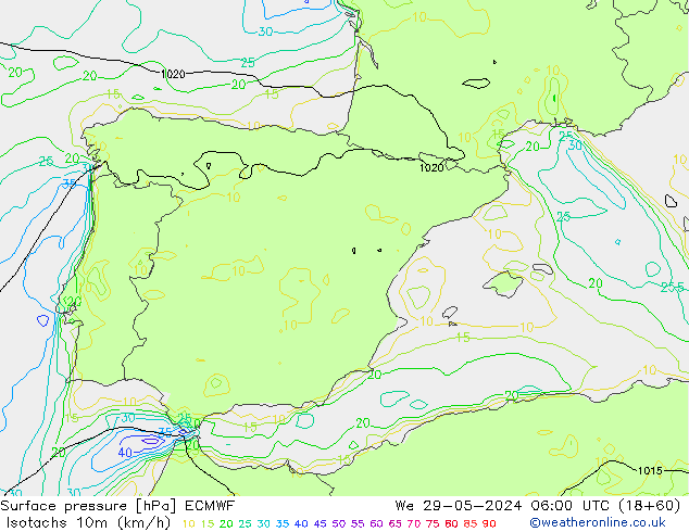 Isotaca (kph) ECMWF mié 29.05.2024 06 UTC