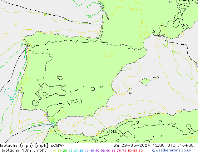 Isotachs (mph) ECMWF mer 29.05.2024 12 UTC