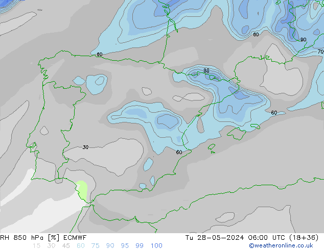 RH 850 hPa ECMWF Út 28.05.2024 06 UTC