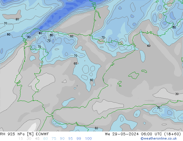 RH 925 hPa ECMWF We 29.05.2024 06 UTC