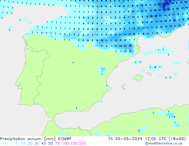 Precipitation accum. ECMWF Th 30.05.2024 12 UTC