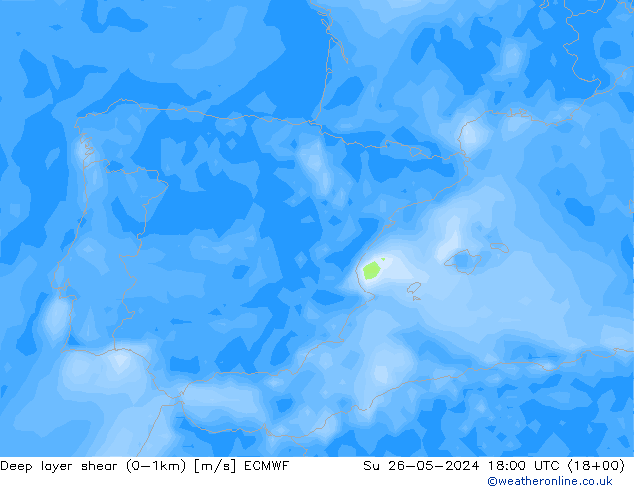 Deep layer shear (0-1km) ECMWF nie. 26.05.2024 18 UTC