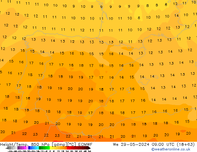 Height/Temp. 850 hPa ECMWF śro. 29.05.2024 09 UTC