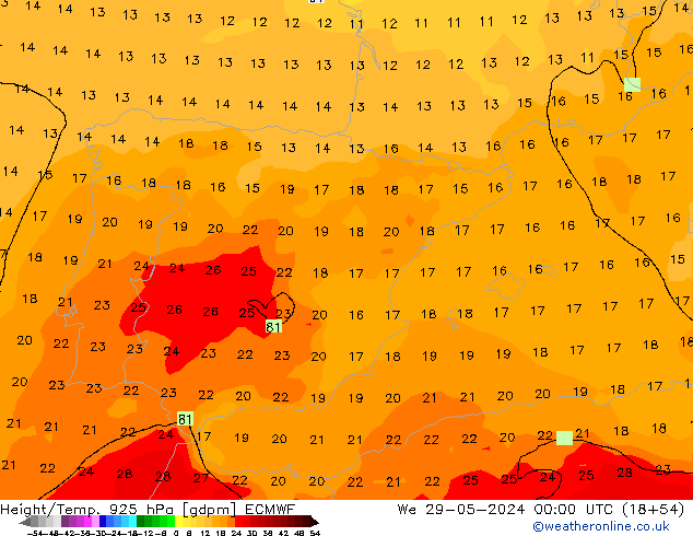 Hoogte/Temp. 925 hPa ECMWF wo 29.05.2024 00 UTC