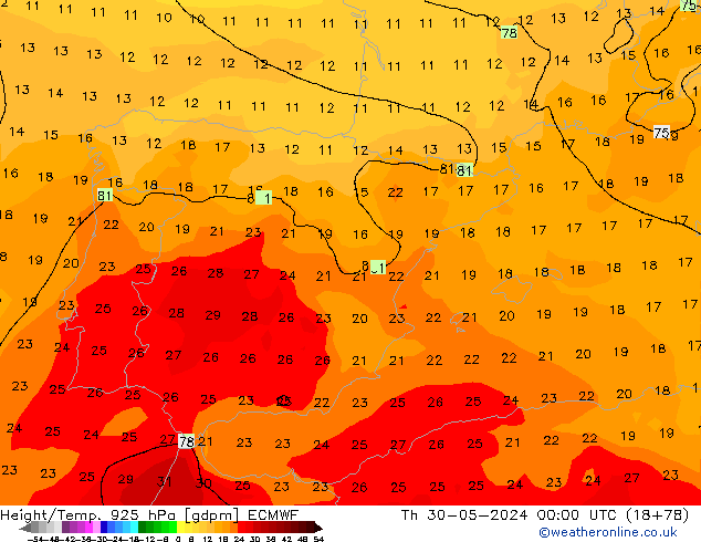 Height/Temp. 925 hPa ECMWF Qui 30.05.2024 00 UTC