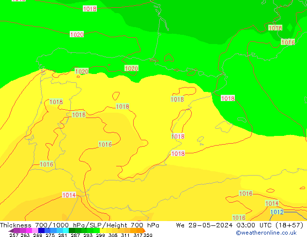 Thck 700-1000 hPa ECMWF St 29.05.2024 03 UTC