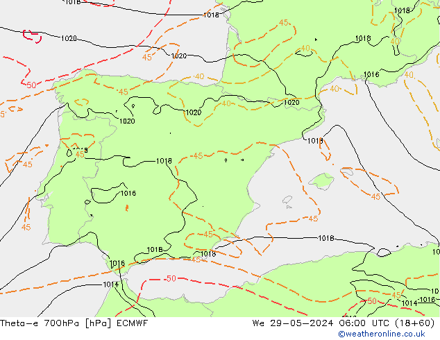 Theta-e 700hPa ECMWF Qua 29.05.2024 06 UTC