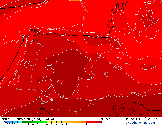 Theta-W 850hPa ECMWF Út 28.05.2024 15 UTC