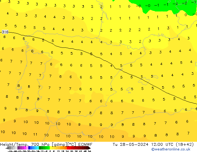 Height/Temp. 700 гПа ECMWF вт 28.05.2024 12 UTC