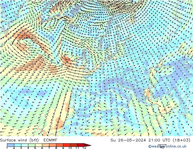 Surface wind (bft) ECMWF Ne 26.05.2024 21 UTC