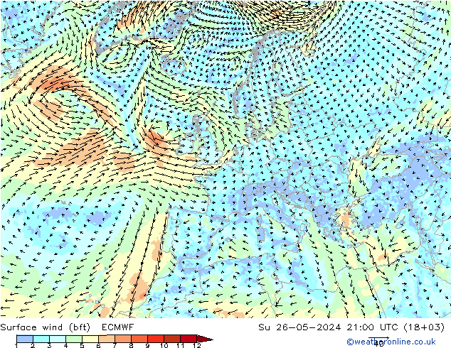 Vent 10 m (bft) ECMWF dim 26.05.2024 21 UTC