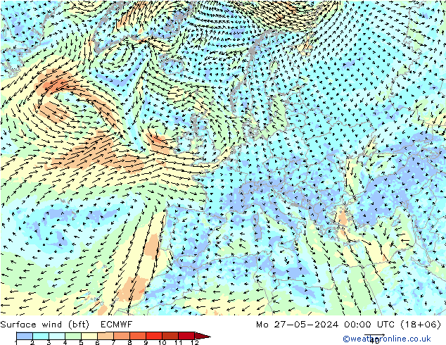 wiatr 10 m (bft) ECMWF pon. 27.05.2024 00 UTC