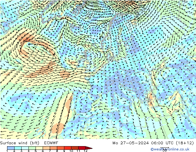 Vento 10 m (bft) ECMWF Seg 27.05.2024 06 UTC