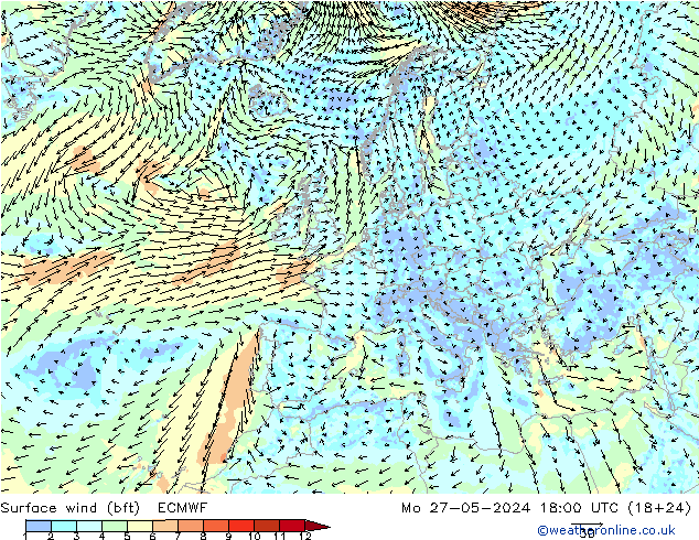 Bodenwind (bft) ECMWF Mo 27.05.2024 18 UTC