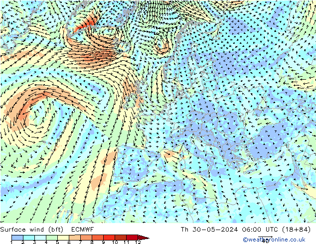 Surface wind (bft) ECMWF Čt 30.05.2024 06 UTC