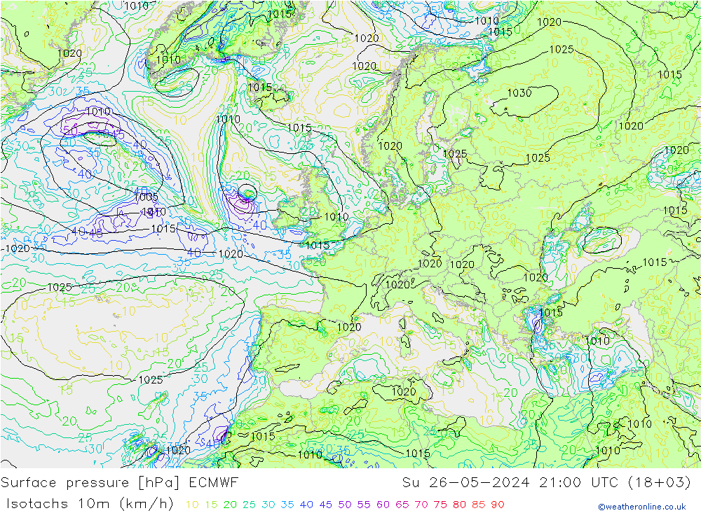 Izotacha (km/godz) ECMWF nie. 26.05.2024 21 UTC
