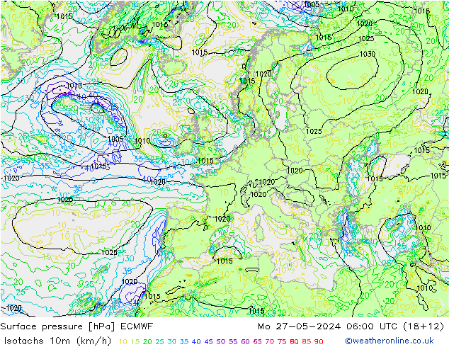 Isotachs (kph) ECMWF  27.05.2024 06 UTC