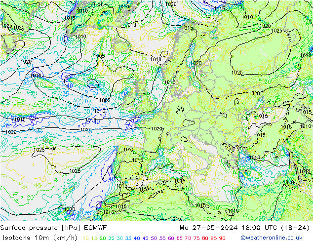 Isotachs (kph) ECMWF Mo 27.05.2024 18 UTC