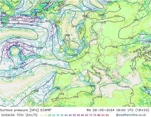 Isotachs (kph) ECMWF We 29.05.2024 06 UTC