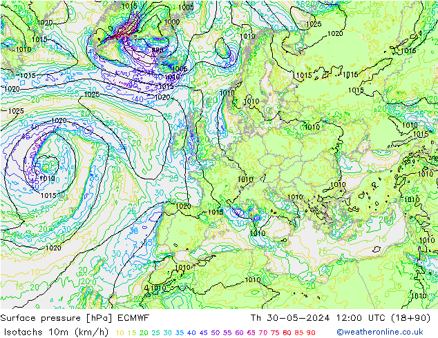 Isotachs (kph) ECMWF gio 30.05.2024 12 UTC