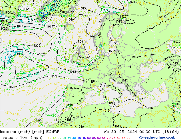 Isotachs (mph) ECMWF  29.05.2024 00 UTC